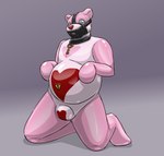 anthro bdsm bear belly blue_eyes bondage bound chastity_bulge chastity_device clothing collar endium key_on_collar latex latex_clothing latex_skinsuit lockjaw male mammal muzzle_(object) muzzled navel_keyhole pink_latex rubber_clothing s.a.d._suit skinsuit solo tight_clothing