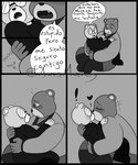 2023 absurd_res anthro axismarcy bear blush bottomwear clothing comic dialogue duo exclamation_point eyes_closed eyewear glasses hi_res hug kissing mammal monochrome padre_(unicorn_wars) pants sargento_caricias shirt sitting spanish_text surprise text topwear translation_check translation_request unicorn_wars