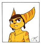 2013 anthro biped border brown_clothing brown_headwear brown_stripes clenched_teeth clothed clothing dated digital_media_(artwork) fudatsu fur green_eyes headgear headwear hi_res lombax male male_anthro mammal portrait ratchet_(ratchet_and_clank) ratchet_and_clank signature simple_background solo sony_corporation sony_interactive_entertainment striped_arms striped_body striped_ears striped_fur stripes teeth topless topless_anthro topless_male white_border yellow_body yellow_fur