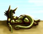 abs aiden_(gekko) anthro black_markings breasts digital_media_(artwork) female gekk0 green_body green_skin kishin_(gekk0) lizard lying m_line_kishin markings muscular muscular_anthro muscular_female nipples non-mammal_breasts non-mammal_nipples obscured_eyes on_side reptile scalie solo