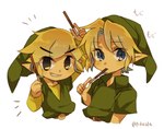 belt blonde_hair blue_eyes clothing duo eating food hair hat headgear headwear humanoid humanoid_pointy_ears hylian light_body light_skin looking_at_viewer male nintendo not_furry ocarina_of_time pocky shirt signature simple_background smile square_crossover the_legend_of_zelda tokuura toon_link topwear tunic wind_waker young_link