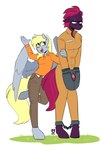 anthro anthrofied blonde_hair blue_eyes cataract clothing cuff_(restraint) derpy_hooves_(mlp) duo equid equine eye_scar facial_scar female friendship_is_magic fur gem grey_body grey_fur hair hasbro hi_res hooves horn mammal my_little_pony my_little_pony:_the_movie_(2017) mythological_creature mythological_equine mythology pegasus prison_uniform prisoner purple_body purple_fur purple_tail redxbacon restraints scar shackles size_difference tail tempest_shadow_(mlp) unicorn wings yellow_eyes yellow_tail