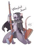 2018 anthro bandage black_bottomwear black_cape black_clothing black_hood black_loincloth bottomwear breasts cape clothed clothing colored digital_drawing_(artwork) digital_media_(artwork) eye_patch eyewear female full-length_portrait fur grey_body grey_fur grey_theme gun hair hi_res jezza_(skykain) kemono kneeling loincloth mammal medium_breasts murid murine narrowed_eyes navel pink_nose portrait ranged_weapon rat red_eyes rifle rodent shield short_hair simple_background skaven skimpy skykain smile smirk solo warhammer_(franchise) warhammer_fantasy weapon white_hair