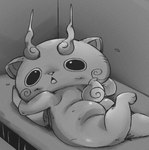 anthro asian_mythology blush butt chibi east_asian_mythology foo_dog hi_res japanese_mythology jokthael komainu komasan level-5 lying male mammal monochrome mythology on_front presenting presenting_hindquarters slightly_chubby solo yo-kai_watch yokai