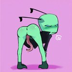 alien angry anus artist_name ass_out bent_over black_clothing blue_eyes blush blush_lines butt clothing digital_media_(artwork) genitals green_body hi_res humanoid ignis_vitae looking_at_viewer looking_back male not_furry penis penis_tentacles pink_background shaded simple_background simple_shading solo squinted_eyes tentacles vasdocor_09