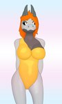 3:5 4_horns anthro big_breasts black_sclera breasts clothing conditional_dnp dragon eyebrows female grey_body grey_horn grey_scales gusta hair hands_behind_back hi_res horn multi_horn mythological_creature mythological_scalie mythology one-piece_swimsuit orange_eyebrows orange_hair orange_pupils pupils scales scalie single_strap single_strap_clothing single_strap_swimsuit single_strap_swimwear sketchella_(gusta) slit_pupils solo standing swimwear white_eyes yellow_clothing yellow_swimwear