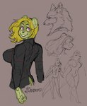 anthro big_breasts blonde_hair bodysuit breasts clothing duo felid female final_fantasy final_fantasy_xiv final_fantasy_xiv:_stormblood flabberd fur green_body green_fur hair hrothgar humanoid inner_ear_fluff looking_back lupin_(ffxiv) mammal markings pink_eyes short_hair sketch sketch_page skinsuit square_enix streetwear striped_markings stripes techwear tight_clothing tuft