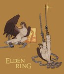 ambiguous_gender avian avian_butt bdsm bird bondage bound copyright_name elden_ring emlan feral fromsoftware hi_res prosthetic prosthetic_leg prosthetic_limb restrained solo text warhawk_(elden_ring)