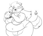 2023 anaugi anthro belly_overhang big_breasts bikini black_and_white breasts burger canid canine canis clothing domestic_dog eating english_text female food hachimitsu hair hair_over_eye holding_food holding_object huge_hips huge_thighs mammal monochrome obese obese_female one_eye_obstructed overweight overweight_female scar signature simple_background sketch solo standing swimwear text thick_thighs two-piece_swimsuit white_background wide_hips