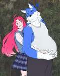 2024 anthro athletic athletic_anthro athletic_male biped blue_body blue_fur canid canine countershade_fur countershading duo eye_contact female fox fur hair hi_res hug hugging_another hugging_from_behind human long_hair looking_at_another looking_at_partner male mammal pink_hair pregnant pregnant_male red_eyes tuqler white_body white_countershading white_fur