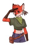 anthro bandanna belt belt_pouch bottomwear canid canine clothing crop_top dana_cooper digital_drawing_(artwork) digital_media_(artwork) donkek eyelashes feather_ear_ring female fox gesture green_eyes green_kerchief green_neckerchief hair hi_res kerchief mammal navel neckerchief pants punk_hair salute scarf shirt simple_background solo spiky_hair topwear white_background