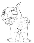 anthro anus balls bandai_namco bent_over big_butt bodily_fluids bow_tie butt clothing conditional_dnp cum cum_drip digimon digimon_(species) dripping erection erobos genital_fluids genitals gloves hand_on_butt handwear hasbro hi_res humanoid_genitalia humanoid_penis impmon line_art looking_at_viewer looking_back looking_back_at_viewer male penis presenting presenting_anus presenting_hindquarters raised_tail smile solo spread_butt spreading tail