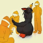 2024 4_toes absurd_res anthro big_butt black_body black_fur black_hair black_tail butt canid canine digital_drawing_(artwork) digital_media_(artwork) eyes_closed feet female fur group hair hazmat_suit hi_res holding_object mammal nude pawpads red_pawpads simple_background smile swiwwel tail toes yellow_eyes