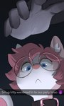 anthro black_collar blue_eyes collar domestic_cat english_text eyewear felid feline felis femboy fizzykity glasses glistening glistening_eyes hair inner_ear_fluff male mammal mia_(fizzykity) nonbinary_(lore) pink_ears pink_hair pink_nose snapchat text tuft white_inner_ear_fluff