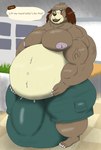 alythewolfcat animal_crossing anthro areola balls_outline belly big_areola big_belly big_bulge big_muscles bulge canid canine canis clothing detailed_bulge digby_(animal_crossing) domestic_dog english_text genital_outline hi_res huge_belly huge_bulge huge_muscles hyper hyper_bulge lifting_belly male mammal muscular nintendo shih_tzu solo swimming_trunks swimwear text toy_dog