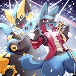 1:1 ambiguous_gender anthro atelier_rhyme band_style_zeraora clothed clothing concert_style_lucario duo electric_guitar electronics generation_4_pokemon generation_7_pokemon guitar holowear_(pokemon) legendary_pokemon lights lucario microphone microphone_stand musical_instrument nintendo plucked_string_instrument pokemon pokemon_(species) pokemon_unite spikes spikes_(anatomy) string_instrument teeth zeraora