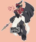 2022 anthro armor black_body breasts clothed clothing english_text female generation_5_pokemon hi_res legendary_pokemon melee_weapon nintendo pokemon pokemon_(species) polearm red_background simple_background solo spear tattoorexy teeth text weapon white_eyes wings zekrom