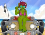 accessory beach big_breasts bikini breasts car cleavage clothed clothing day detailed_background eyebrow_piercing eyewear facial_piercing female goblin goggles green_body hair_accessory humanoid leather leather_clothing leather_topwear leather_vest lip_piercing nipples nose_piercing nose_ring not_furry outside pandaman90 piercing ring_piercing short_stack sitting_on_car solo sunglasses swimwear thick_thighs topwear two-piece_swimsuit vehicle vest