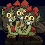 1:1 bow_ribbon bunny75 cerberus_(helltaker) clothed clothing female goblin green_body green_skin group hair hand_holding helltaker humanoid long_ears long_hair looking_at_viewer not_furry red_eyes traced trio