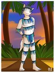 3:4 anthro canid canine canis fuze grass_skirt hi_res male mammal mostly_nude navel nipples outside palm_tree plant pose solo sunset tree wolf wolf_frat_dude_(fuze)