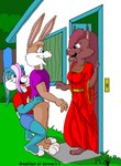 anthro binky_bunny_(rutwell) blue_body blue_eyes blue_fur bottomless bottomwear breasts brown_body brown_fur building clothed clothing domestic_cat felid feline felis female fur group hair house kthanid_(artist) lagomorph leporid long_hair male mammal open_mouth pink_nose purple_eyes purple_hair rabbit randy_rabbit red_hair robe rutwell_forest scut_tail serenakty short_tail shorts tail trio