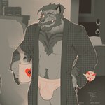 1:1 2024 anthro back_pain bathrobe beard bed beverage big_bulge biped body_hair bonfiredemon briefs bulge chest_hair claws clenched_teeth clothing container cuff_(restraint) cup detailed_background digital_media_(artwork) english_text facial_hair felid feline finger_claws furniture handcuffs happy_trail hi_res holding_beverage holding_container holding_cup holding_object male male_anthro mammal mature_anthro mature_male metal_cuffs mustache one_eye_closed pantsless_anthro pantsless_male pubes red_eyes restraints restricted_palette robe solo teeth text tighty_whities underwear white_briefs white_clothing white_underwear y-fronts