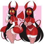 absurd_res black_hair bra butt clothing demon demon_humanoid female hair heart_symbol hi_res humanoid idolomantises legwear lili_(idolomantises) long_hair mothmilfs pink_background red_body rolled_up_sleeves shaded simple_background simple_shading smile stockings tail underwear white_background