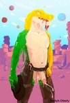 absurd_res alligator alligatorid anthro balls bodily_fluids candy chaps_only clothing cowboy cowboy_hat cowboy_outfit crocodile crocodile_tail crocodilian crocodylid cum dessert detailed_background ejaculation ejaculation_without_erection erection flaccid food food_creature genital_fluids genitals glans glitch_productions goo_body goo_creature goo_drip goo_transformation gummigoo_(tadc) gummy_(food) gummy_creature hat headgear headwear hi_res holding_object humanoid_genitalia humanoid_penis living_candy male melting navel penis reptile scalie sketchotterly slime solo the_amazing_digital_circus tongue tongue_out transformation