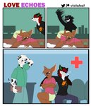 absurd_res anthro bat bruised bruised_eye butt_slap canid canine canis comic dalmatian domestic_dog duo felid fox hi_res hospital humor hybrid lion male mammal nurse pantherine plant sitting slap studying victor_johansen viola_bat viola_bat_(character)