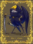 3:4 absurd_res anthro ars_goetia avian avian_feet bangboodoragon belt bird brown_background brown_body brown_claws brown_scales camio_(goetia) claws common_blackbird cravat demon empty_eyes eyelashes feathered_wings feathers featureless_crotch female hand_on_hip hi_res holding_melee_weapon holding_object holding_sword holding_weapon humanoid_face lesser_key_of_solomon melee_weapon oscine passerine pointy_nose purple_body purple_feathers scales simple_background small_waist smile solo sword text thick_thighs thrush_(bird) true_thrush weapon white_eyes wide_hips wings yellow_body