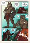 anthro canid canine canis comic english_text erof_(far_beyond_the_world) far_beyond_the_world_(series) forest forest_background ghosty_cult group hi_res male mammal muscular muscular_male nature nature_background plant pose talisin_(far_beyond_the_world) taunting text tree wolf