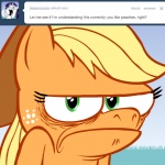 1:1 applejack_(mlp) ask_jappleack blonde_hair clothing cowboy_hat earth_pony english_text equid equine female feral freckles friendship_is_magic frown green_eyes hair hasbro hat headgear headwear horse hotdiggedydemon long_hair mammal my_little_pony pony solo text tumblr