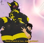 2024 5_fingers absurd_res accessory ankh_tattoo anthro anubian_jackal artemis_(zapaeryan) big_breasts big_butt black_body black_fur black_hair blonde_hair blush breasts brown_body brown_fur butt butt_grab butt_squish canid canine canis dialogue duo english_text female fingers fox fur furgonomics gold_(metal) gold_jewelry hair hand_on_butt hi_res huge_breasts huge_butt jackal jewelry larger_female looking_back male male/female mammal multicolored_body multicolored_fur multicolored_hair nipples nude nude_anthro nude_female purple_eyes ring size_difference smaller_male squish tail tail_accessory tail_jewelry tail_ring text thick_thighs two_tone_body two_tone_fur two_tone_hair yellow_body yellow_fur yellow_nipples zapaeryan