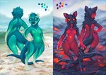 american_opossum anthro beach duo female female/female hi_res kangaroo lava lostgoose macropod mammal marsupial model_sheet navel_pouch sea volcano water