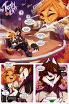 anthro beverage canid canine chrome_(chromefox) clothed clothing comic dialogue duo english_text female hi_res kangaroo macropod male mammal marsupial open_mouth outside sitting smile spirale spirale_(character) text