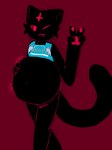 2023 4_fingers :3 ambiguous_anthro ambiguous_gender anthro anthro_pred belly biped black_arms black_belly black_body black_ears black_face black_fur black_hands black_legs black_tail blep blue_clothing blue_crop_top blue_shirt blue_topwear bodily_noises bottomless burble_(sound_effect) cheek_tuft claws closed_smile clothed clothing crop_top cross derived_sound_effect digestion_noises digital_drawing_(artwork) digital_media_(artwork) domestic_cat ears_up english_description english_text facial_markings facial_tuft felid feline felis finger_claws fingers forehead_markings fully_inside fur gesture guide_lines hand_gesture hand_on_belly hand_on_own_belly head_markings inverted_cross long_tail looking_at_viewer mammal markings monotone_arms monotone_background monotone_belly monotone_body monotone_face monotone_fur monotone_legs monotone_tail mostly_nude_ambiguous mostly_nude_anthro mouth_closed navel one_eye_closed onomatopoeia pawpads portrait pupils red_background red_eyes red_pawpads red_pupils red_text shirt simple_background slit_pupils slosh sloshing_belly smile smiling_at_viewer soft_vore solo sound_effects tail tcsrjx text text_on_clothing text_on_crop_top text_on_topwear three-quarter_portrait tongue tongue_out topwear topwear_only tuft unknown_character unseen_prey v_sign vore wink winking_at_viewer