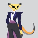 1:1 aliasing anthro binary_drawing blue_eyes clothed clothing deadlock digital_media_(artwork) femboy jacket kali_(deadlock) looking_at_viewer male multicolored_body reptile scalie shaded simple_background simple_shading standing tail topwear uglycoal valve yellow_body