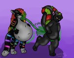 anthro belly big_belly bloated colored dekudrunx17 digital_drawing_(artwork) digital_media_(artwork) digitigrade domestic_cat duo fart fart_cloud fart_fetish fart_inflation fart_tubes felid feline felis female green_fart_cloud hair hi_res holding_belly inflation long_hair male male/female mammal mephitid onomatopoeia orange_hair peppermint_the_skunk pipelining purple_background red_eyes shaded signature simple_background skunk skunk_tail smile sound_effects text