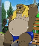 2021 anthro bear belly bench beverage big_belly body_hair bottomwear brown_body brown_hair chest_hair clothed clothing deadanthro detailed_background fence hair hand_behind_head henri_(deadanthro) holding_beverage holding_object male mammal marine navel nipples obese obese_anthro obese_male overweight overweight_anthro overweight_male park_bench pinniped plant shorts sidewalk sitting solo towel tree tusks walrus