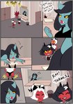 anthro black_hair bulge comic demon dialogue digital_media_(artwork) female hair helluva_boss hi_res horn humanoid imp male millie_(helluva_boss) moxxie_(helluva_boss) red_body speech_bubble sushigoat tail white_hair yellow_sclera