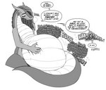 anthro anthro_pred apology ashe_(shyguy9) begging bloated burping death dialogue digestion_noises digital_media_(artwork) dragon english_text female female_pred fin fully_inside hair hand_on_belly hand_on_own_belly hi_res holding_belly horn long_hair long_neck monochrome multiple_prey mythological_creature mythological_scalie mythology offscreen_character oral_vore scalie semi-anthro shyguy9 speech_bubble tail tail_on_belly talking_to_prey text thick_thighs undercut vore