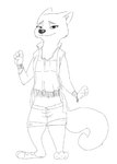 anthro black_nose bottomwear bracelet canid canine clothed clothing crossdressing digital_media_(artwork) disney fan_character fox full-length_portrait fur half-closed_eyes happy inner_ear_fluff jacket jewelry male mammal monochrome narrowed_eyes nonbinary_(lore) portrait pseudofox shorts simple_background sketch smile solo spoof_(artist) standing topwear trans_(lore) trans_woman_(lore) tuft white_background zootopia