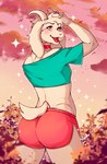 absurd_res anthro aphrodi asriel_dreemurr bottomwear bovid bubble_butt butt caprine clothed clothing collar furgonomic_bottomwear furgonomics goat hi_res horn hotpants male mammal outside shorts solo undertale undertale_(series)