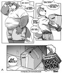 2021 absurd_res age_difference anthro baseball_cap belly big_belly boss boss_and_employee bossman_(kamudragon) bottomwear box canid canine canis clock clothed clothing comic container dialogue domestic_dog duo employee_(kamudragon) english_text erection erection_under_clothing facial_hair fully_clothed hat headgear headwear hi_res holding_box holding_container holding_object kamudragon male mammal mature_male monochrome multiple_scenes overweight overweight_anthro overweight_male shorts side_view speech_bubble standing tail text text_on_box url watch wolf working wristwatch