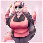 1:1 2023 anthro apron artist_name big_breasts breasts canid canine canis clothed clothing cutlery fan_character female fluffy fluffy_tail fur green_eyes grey_body grey_fur hair handwear hi_res huge_breasts kitchen_utensils mammal mittens neck_tuft open_mouth rakkyoarts ribbon_(bowhuskers) slightly_chubby solo spoon tail thick_thighs tools tuft wolf