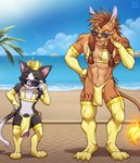 absurd_res anthro balls beach bottomwear cait_sith_(ff7) cat-sith celtic_mythology clothing crown duo european_mythology eyewear felid final_fantasy final_fantasy_vii flaccid foreskin genitals headgear hi_res humanoid_genitalia humanoid_penis ineffective_clothing loincloth male mammal muscular muscular_male mythology outside penis penis_base penis_size_difference purplevelbeth red_xiii small_but_hung square_enix sunglasses