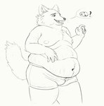 2020 anthro belly big_belly black_and_white bottomwear boxers_(clothing) boxers_only bulge canid canine cettus clothed clothing dialogue_box digital_drawing_(artwork) digital_media_(artwork) fox inner_ear_fluff love_handles male mammal monochrome moobs navel nipples obese obese_anthro obese_male overweight overweight_anthro overweight_male pants solo stretch_marks tongue topless tuft underwear underwear_only weight_gain whiskers