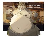 anthro big_cheeks butterontoast_(artist) canid canine canis chubby_cheeks detailed_background english_text far_beyond_the_world_(series) food hi_res holding_food holding_object jewelry male mammal moobs navel nipples obese obese_anthro obese_male overweight overweight_anthro overweight_male pendant ranok_(far_beyond_the_world) solo tail text wolf