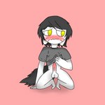 1:1 black_hair blush catto_editor catto_editor_(character) clothed clothing ears_down embarrassed erection hair hi_res kneeling male pivoted_ears simple_background solo white_body yellow_eyes