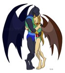 2020 anthro armlet clothing digital_media_(artwork) disney duo eyes_closed felid female gargoyles hair hug kordyne maggie_reed_(gargoyles) male mammal mutate_(gargoyles) talon_(gargoyles) wings